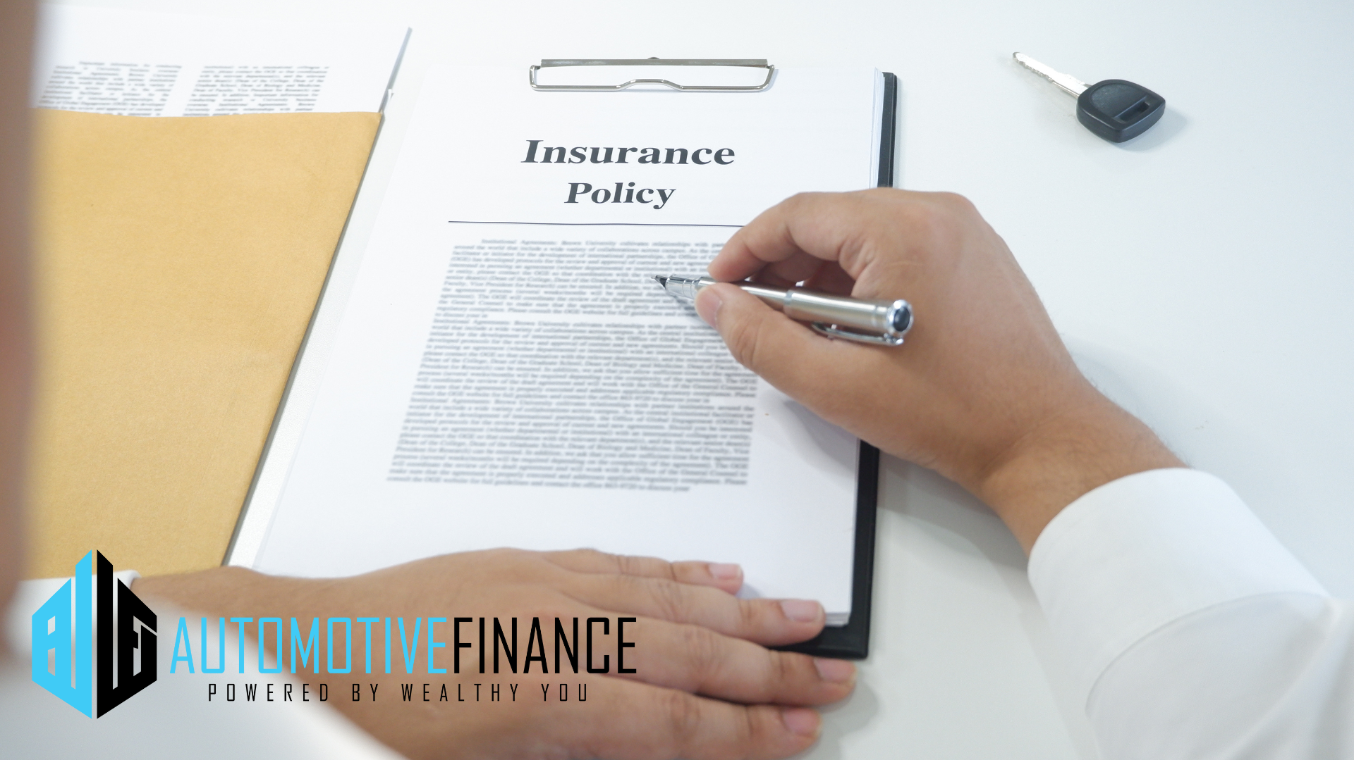 close-up man reading insurance policy, contract with motorcycle key